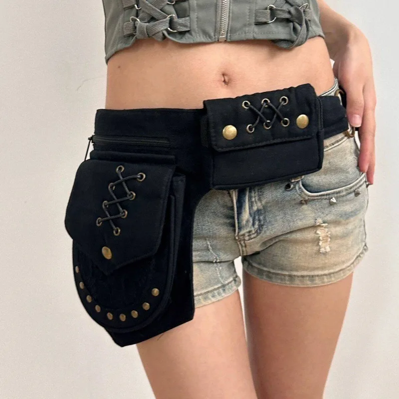 Belt Bag Leather Wide - Sac banane vintage à rivets, large,